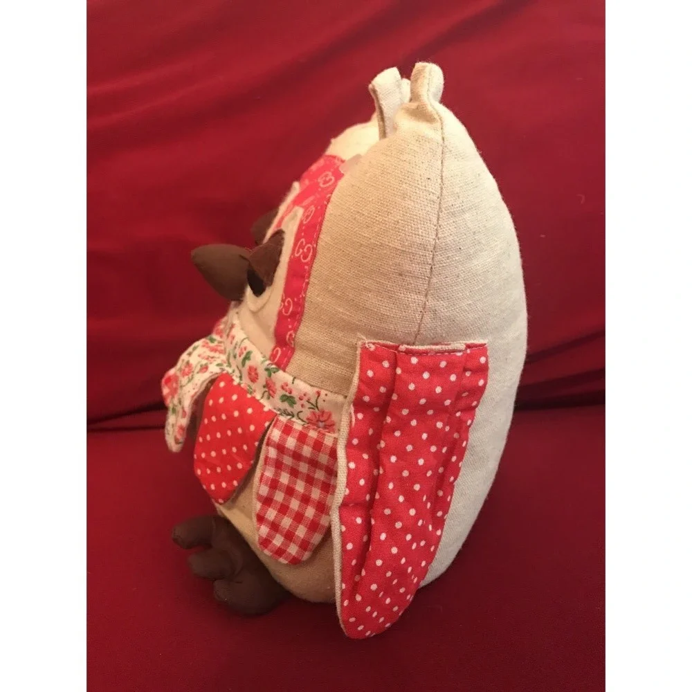Handmade Owl Doorstop Plush Red Gingham Polka Dot Floral GG Print Decorative